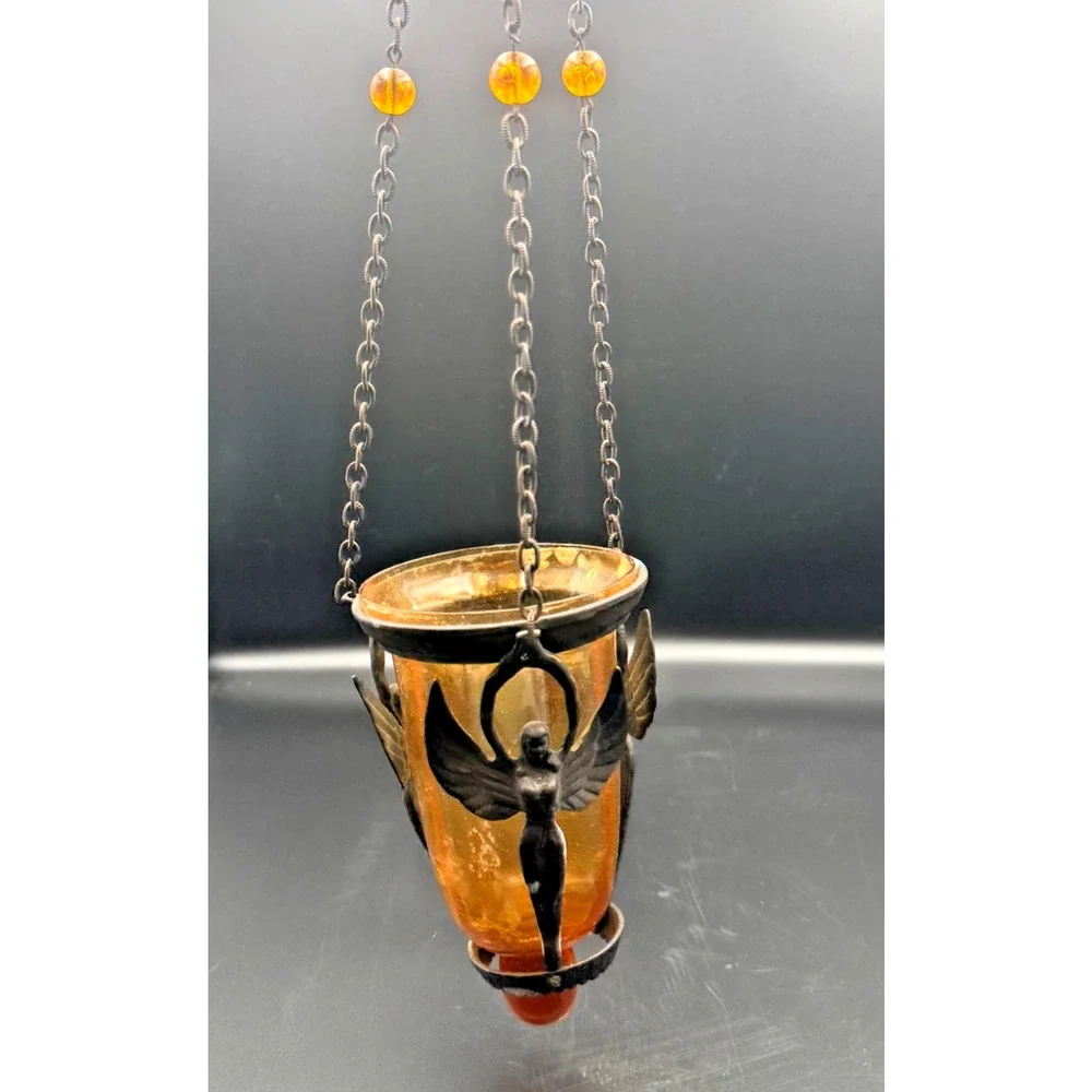 Hanging Metal Art Deco Sanctuary Vigil Lamp Candle Holder Amber Glass Wing Angel